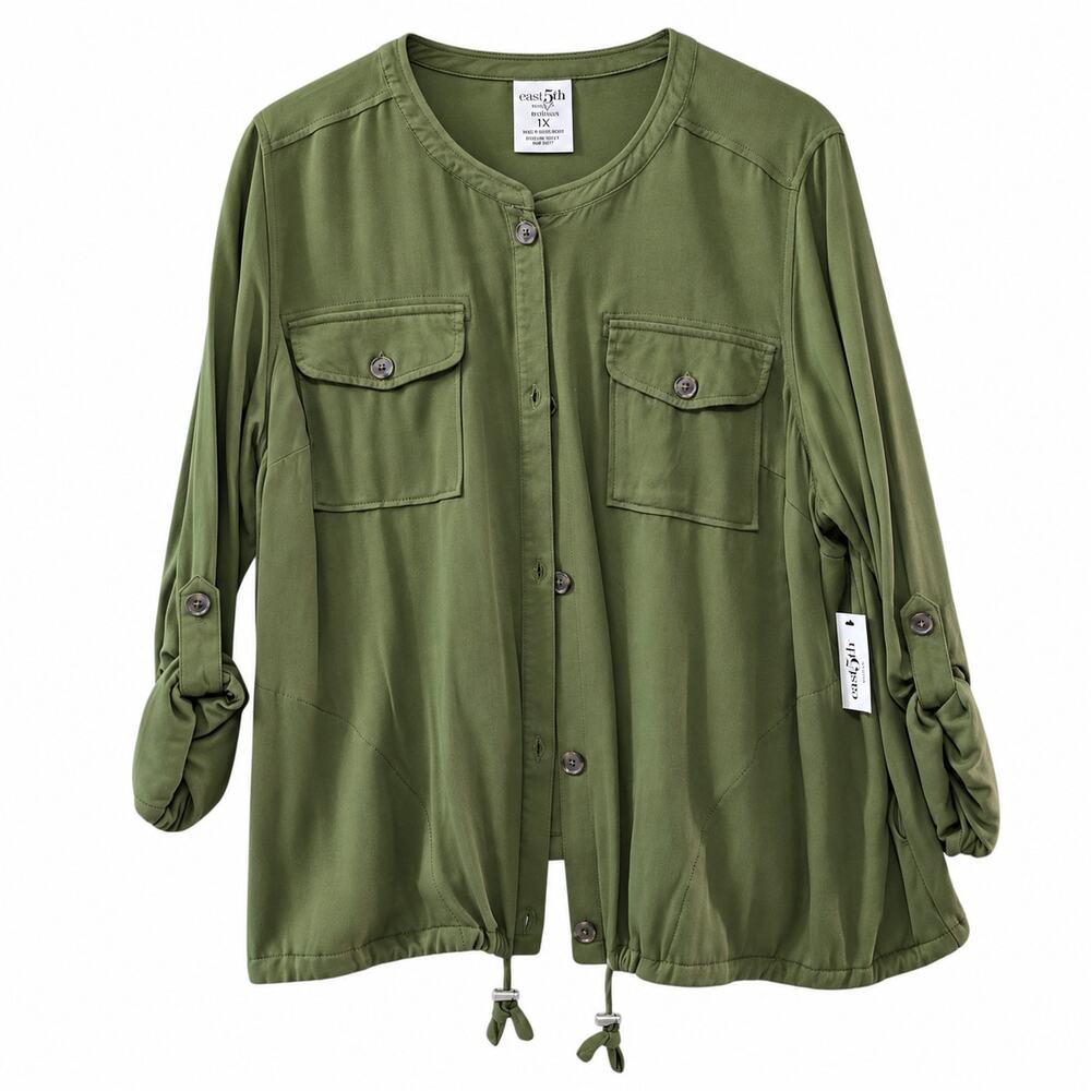 East 5th Plus 1X Olive Green Utility Shirt Jacket Rayon Roll Tab Drawstring NWT